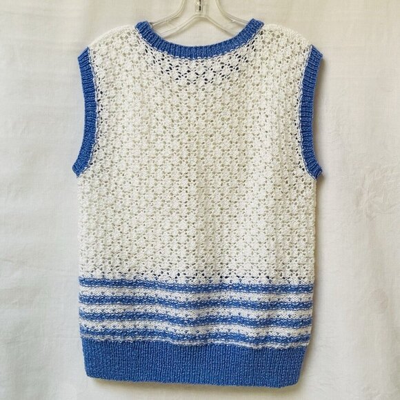 Hand Knitted Vintage Style Sweater Vest Womens Medium Blue White Nautical - Picture 4 of 7